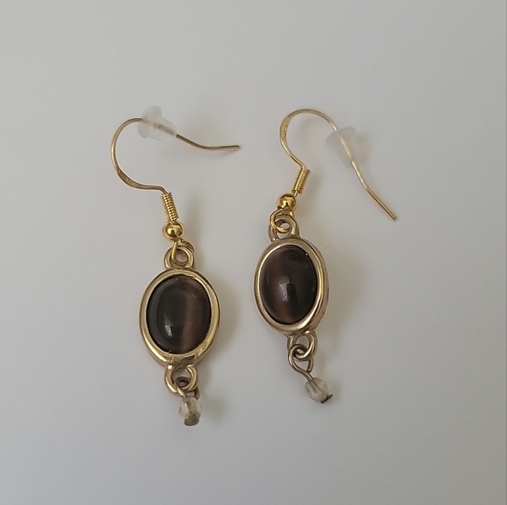 Vintage Style Tigers Eye Gold Tone Dangle Earrings